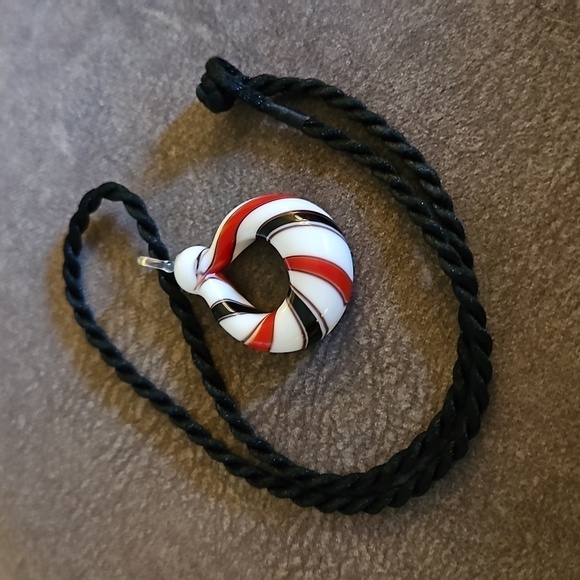 Handblown Striped Glass Round Pendant Rope Necklace - Picture 2 of 4